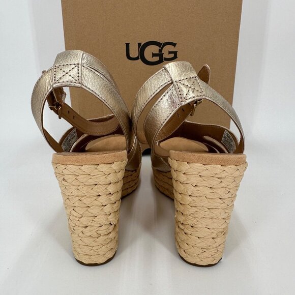UGG Women's Careena Wedge Espadrille Sandals size 8.5 Gold Pigment Ankle Strap - Picture 4 of 13